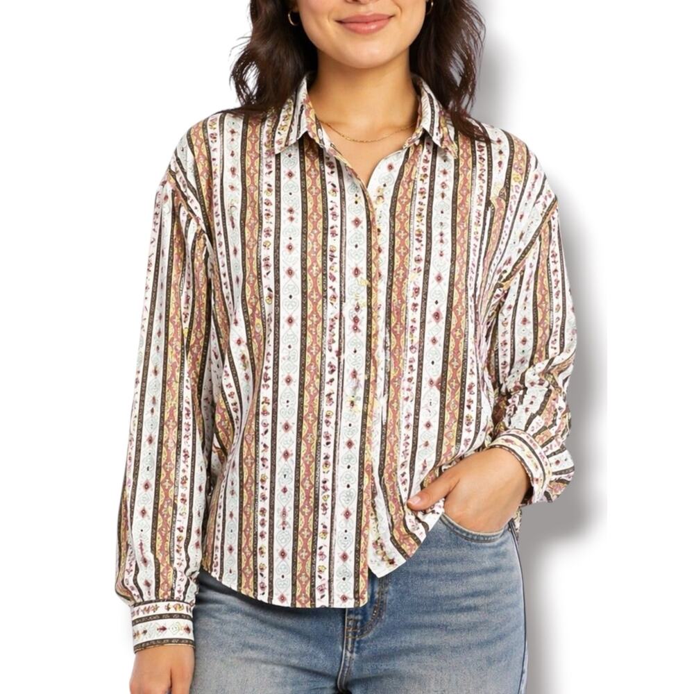 Vintage‎ Cotton Boho Brown Stripe Button Front Shirt Medium Long Sleeve Western